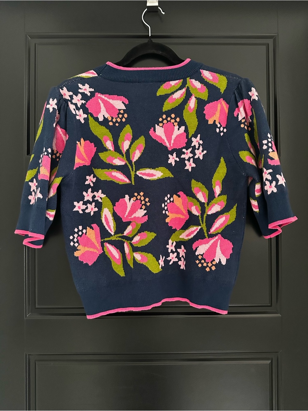 THML Navy Floral Knit Top with Pink Trim, size medium - Picture 2 of 6